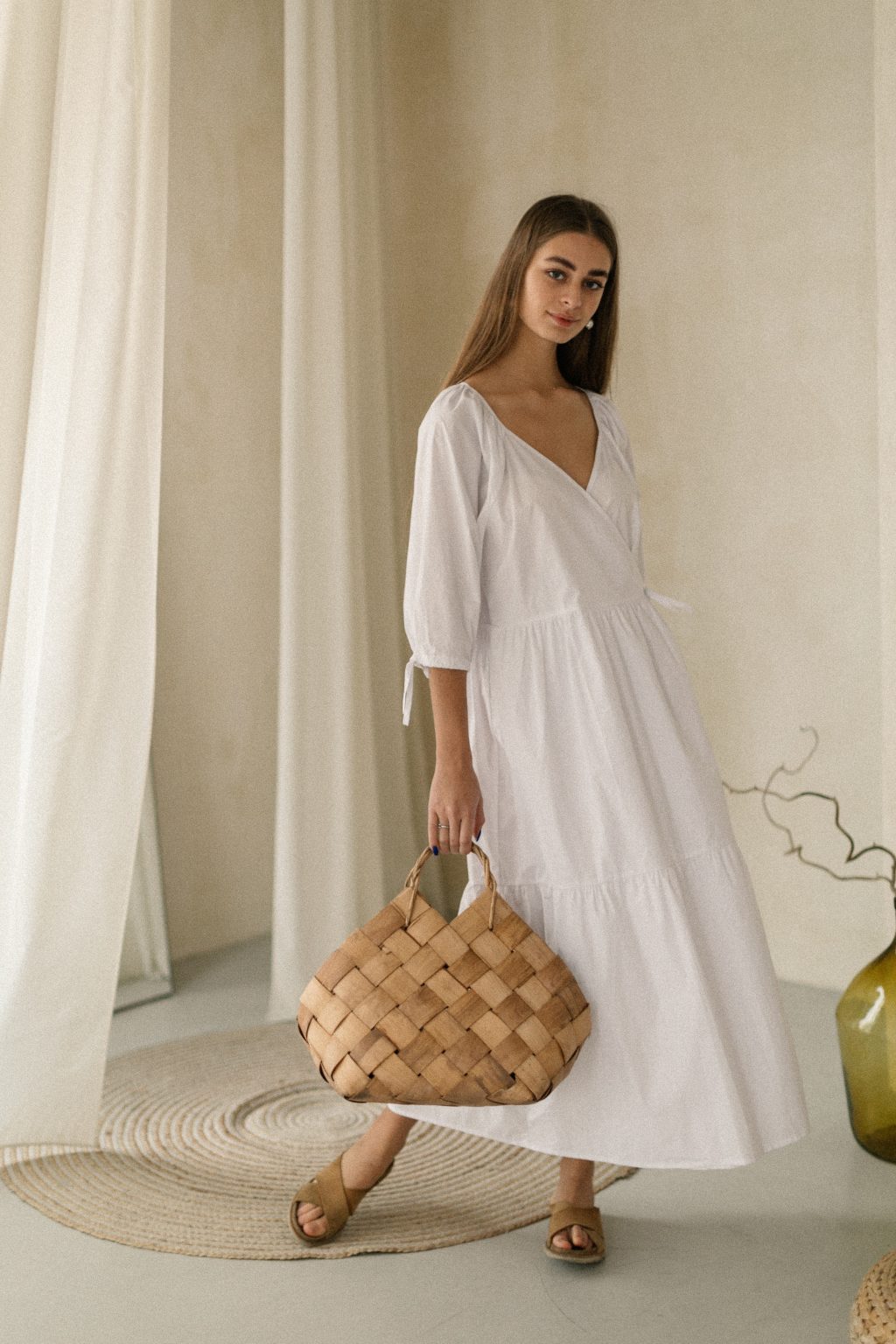 Morocco Faux Wrap Tassel Trim Dress White